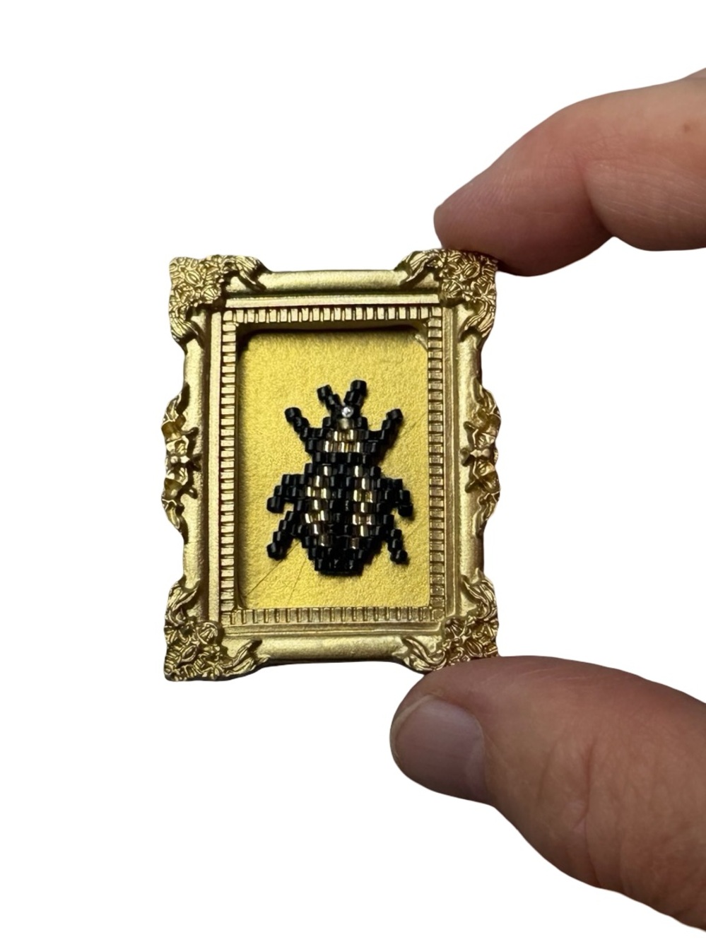 Handcrafted beaded beetle in ornate gold frame for refrigerator, shelf, or wall